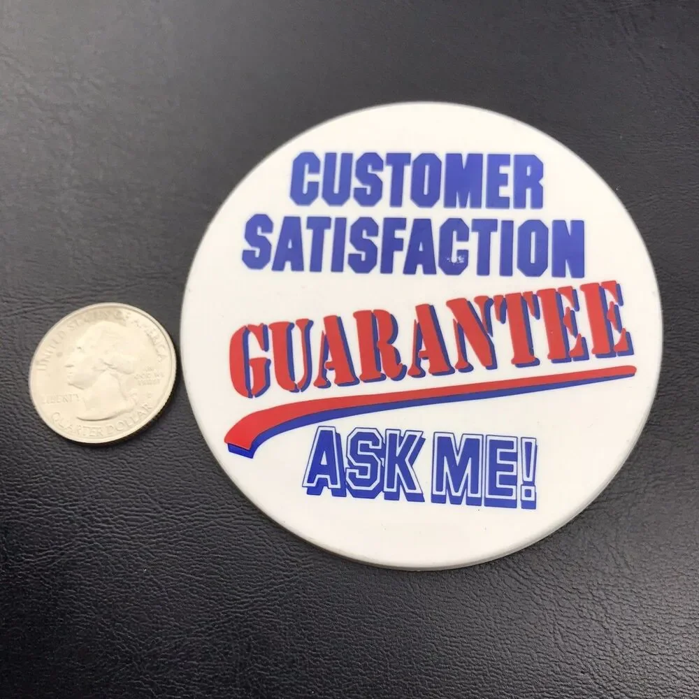 Pin Button Badge Vintage White Blue Red Customer Satisfaction Ask Me Promotional